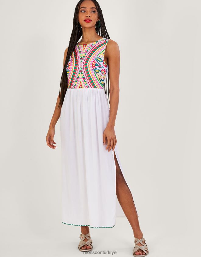 Monsoon kadınlar Lenzing Ecovero'da mozaik işlemeli midi elbise JH86BT448 Giyim beyaz