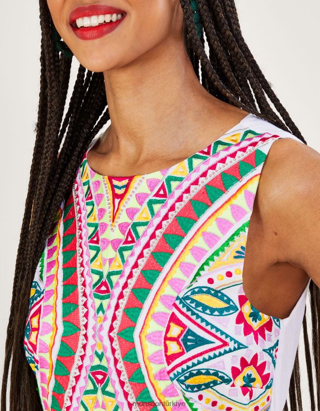 Monsoon kadınlar Lenzing Ecovero\'da mozaik işlemeli midi elbise JH86BT448 Giyim beyaz