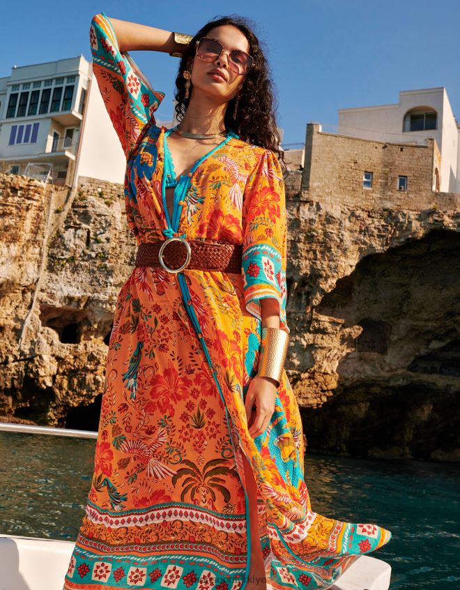 Monsoon kadınlar Lenzing Ecovero'da palmiye desenli elbise JH86BT865 Giyim turuncu