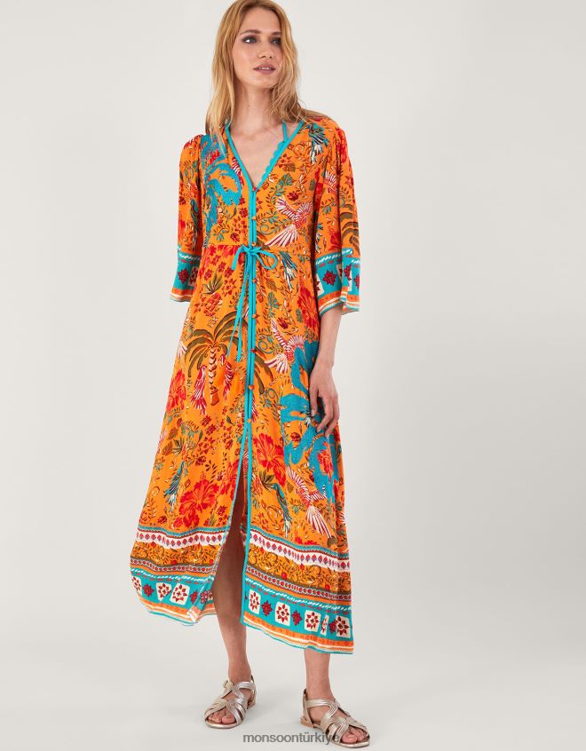 Monsoon kadınlar Lenzing Ecovero\'da palmiye desenli elbise JH86BT865 Giyim turuncu