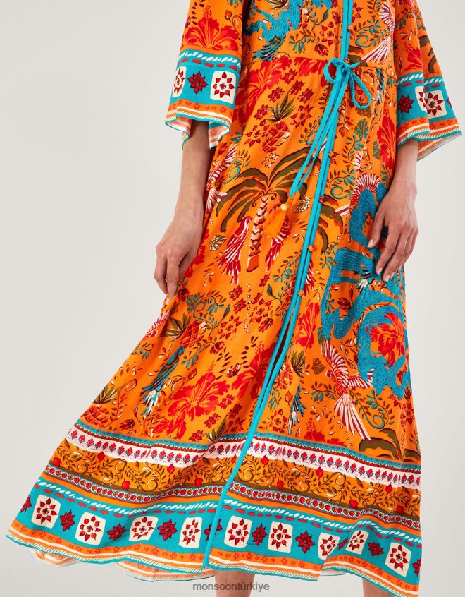 Monsoon kadınlar Lenzing Ecovero\'da palmiye desenli elbise JH86BT865 Giyim turuncu