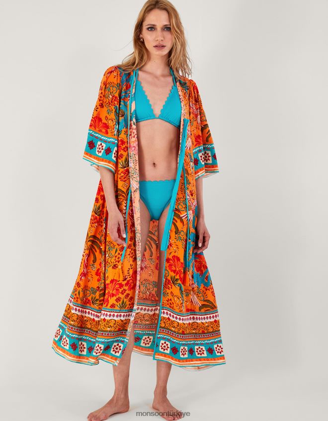 Monsoon kadınlar Lenzing Ecovero\'da palmiye desenli elbise JH86BT865 Giyim turuncu