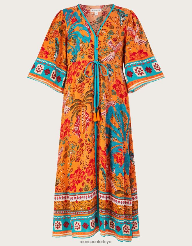 Monsoon kadınlar Lenzing Ecovero\'da palmiye desenli elbise JH86BT865 Giyim turuncu