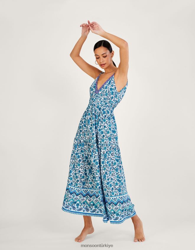 Monsoon kadınlar Lenzing ecoverolu çiçek desenli askılı maxi elbise JH86BT341 Giyim mavi