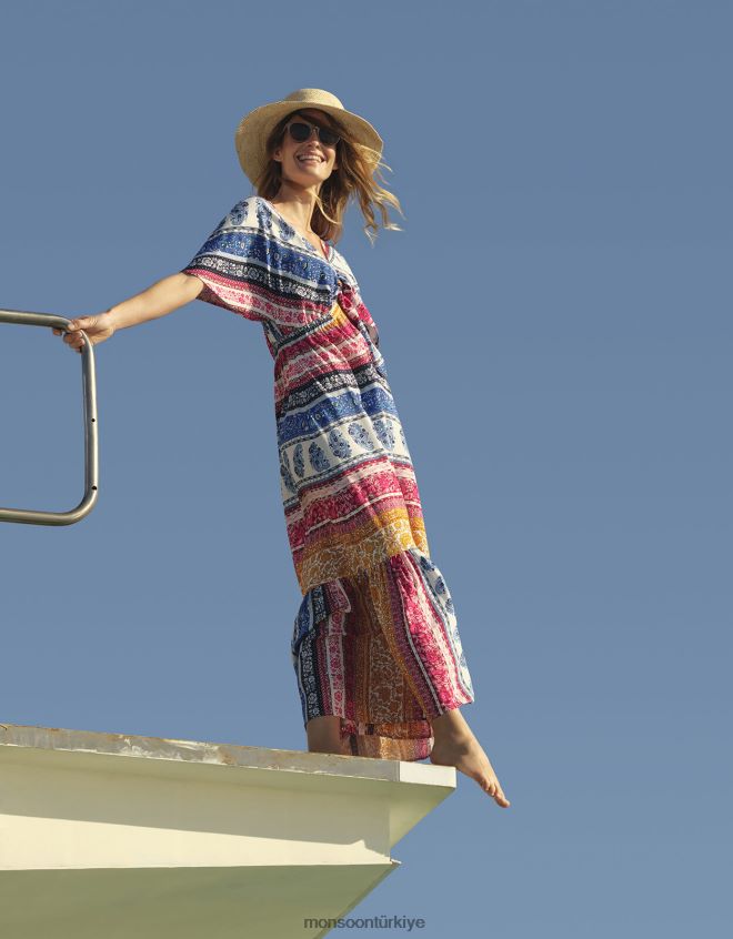 Monsoon kadınlar Rupert Lenzing Ecovero'da çizgili çiçekli maxi elbise JH86BT1154 Giyim mavi