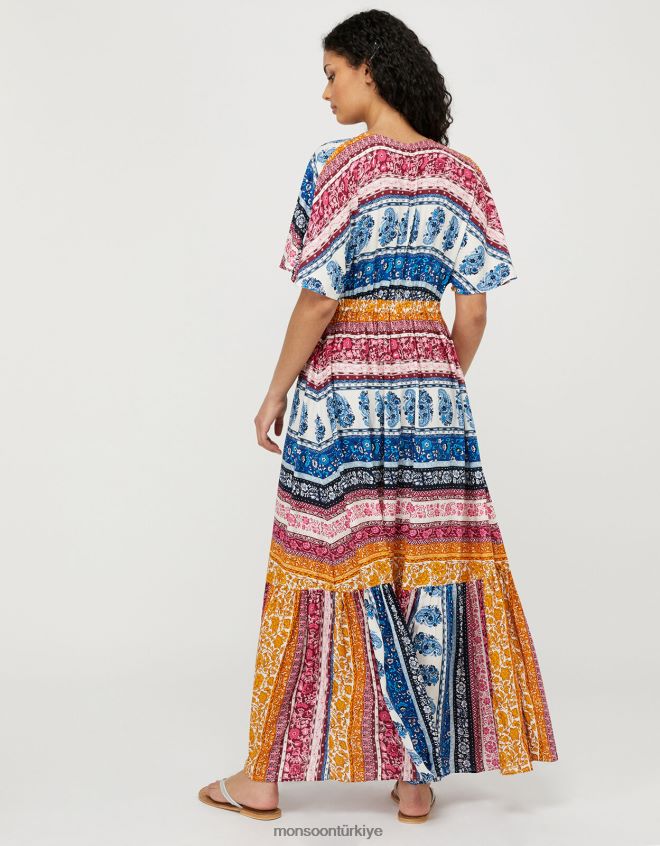 Monsoon kadınlar Rupert Lenzing Ecovero\'da çizgili çiçekli maxi elbise JH86BT1154 Giyim mavi