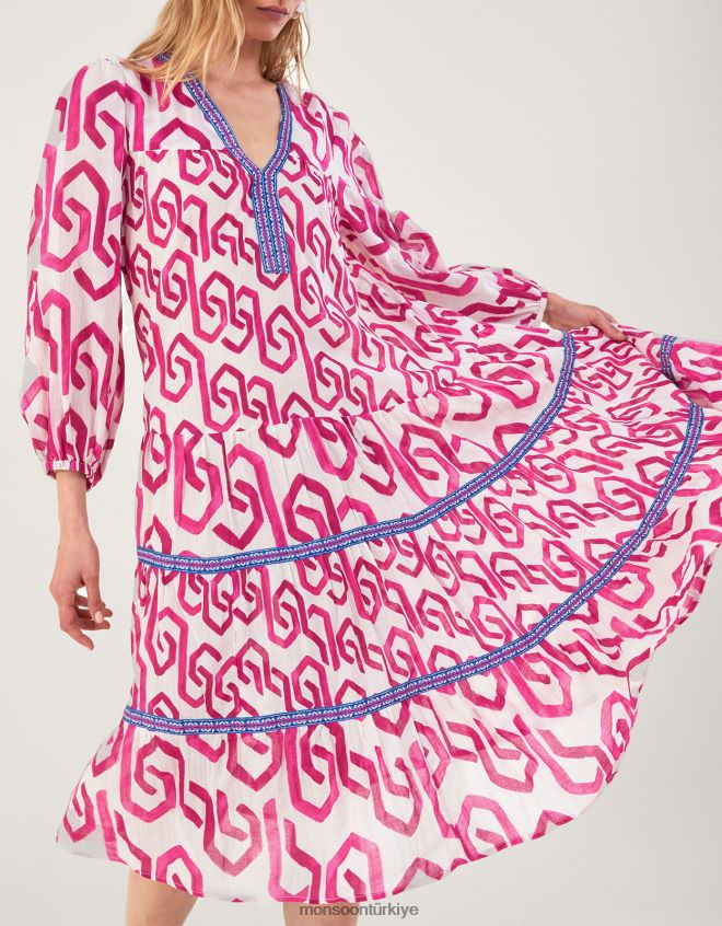 Monsoon kadınlar Sürdürülebilir pamuktan geometrik desenli kaftan elbise JH86BT667 Giyim pembe