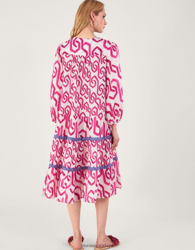 Monsoon kadınlar Sürdürülebilir pamuktan geometrik desenli kaftan elbise JH86BT667 Giyim pembe