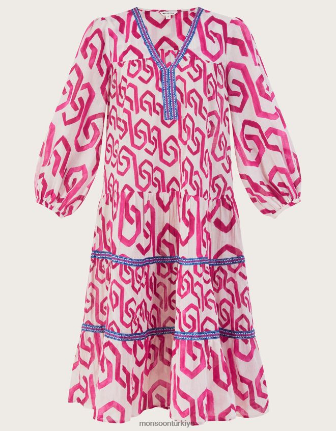 Monsoon kadınlar Sürdürülebilir pamuktan geometrik desenli kaftan elbise JH86BT667 Giyim pembe