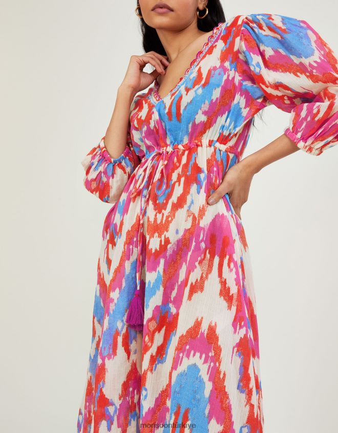 Monsoon kadınlar Sürdürülebilir pamuktan ikat desenli maxi elbise JH86BT1042 Giyim pembe