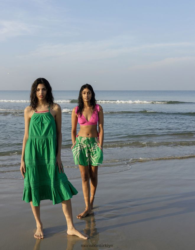 Monsoon kadınlar Sürdürülebilir pamuktan sade broderie dantel süslemeli midi elbise JH86BT516 Giyim yeşil