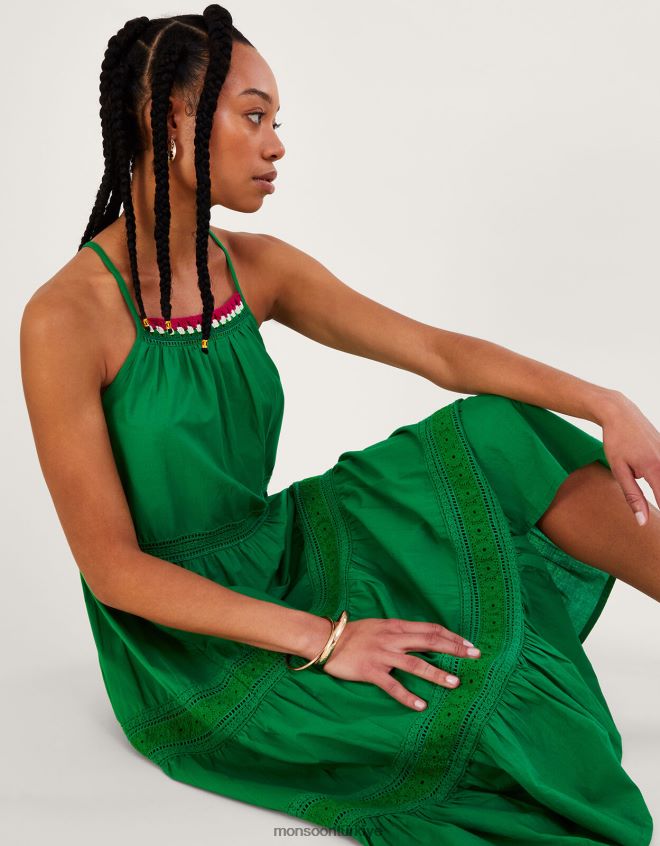 Monsoon kadınlar Sürdürülebilir pamuktan sade broderie dantel süslemeli midi elbise JH86BT516 Giyim yeşil