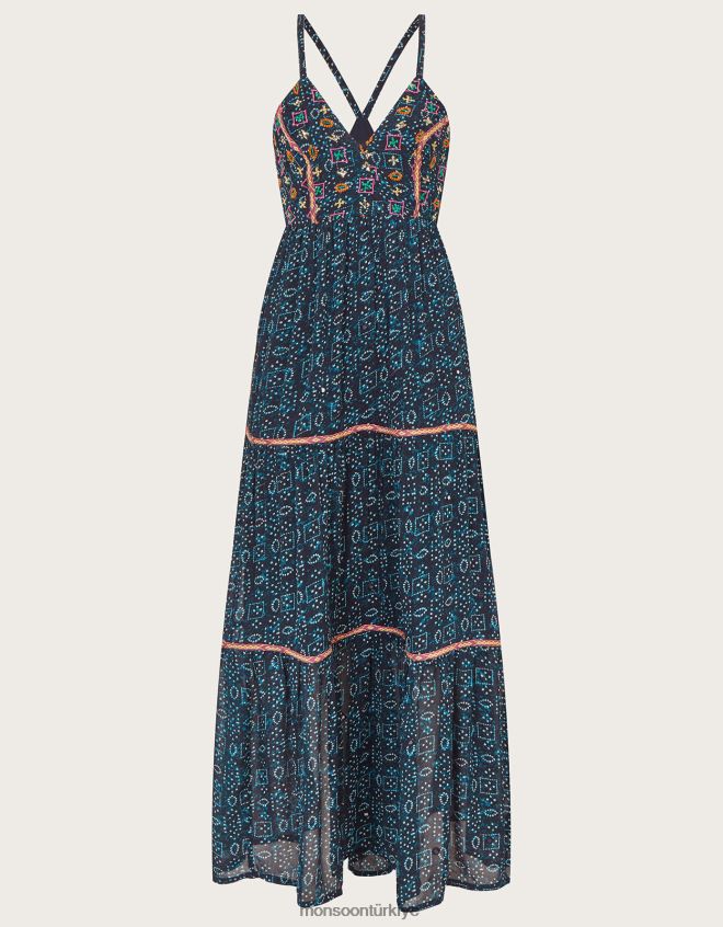 Monsoon kadınlar Sürdürülebilir viskozdan işlemeli desenli maksi cami elbise JH86BT567 Giyim Mavi Donanma)