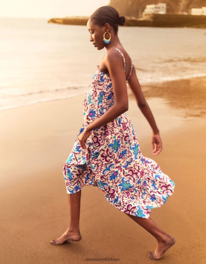 Monsoon kadınlar ateş çiçeği ikat cami elbise JH86BT573 Giyim mavi