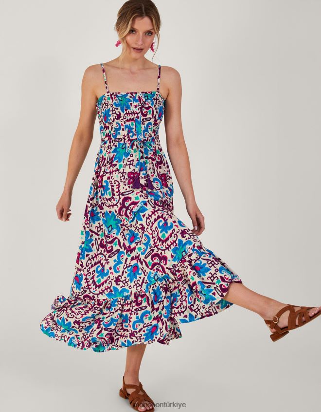 Monsoon kadınlar ateş çiçeği ikat cami elbise JH86BT573 Giyim mavi