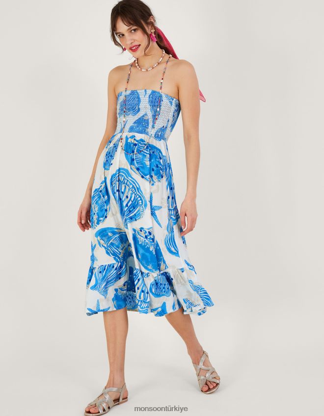 Monsoon kadınlar deniz kabuğu desenli büzgülü bandeau midi elbise JH86BT483 Giyim fildişi