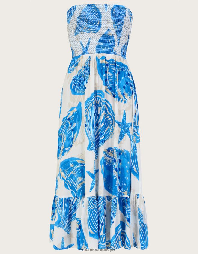 Monsoon kadınlar deniz kabuğu desenli büzgülü bandeau midi elbise JH86BT483 Giyim fildişi