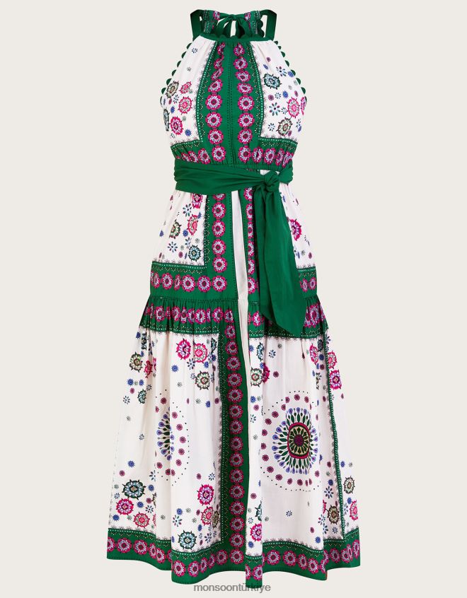 Monsoon kadınlar eşarp desenli boyundan bağlamalı midi elbise JH86BT1036 Giyim yeşil