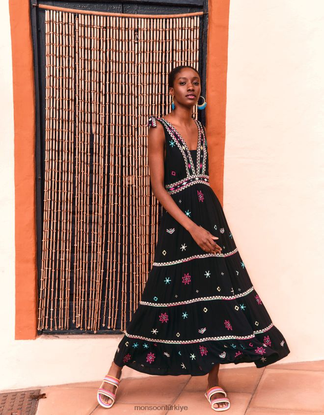 Monsoon kadınlar geniş askılı motif işlemeli maxi cami elbise JH86BT990 Giyim siyah