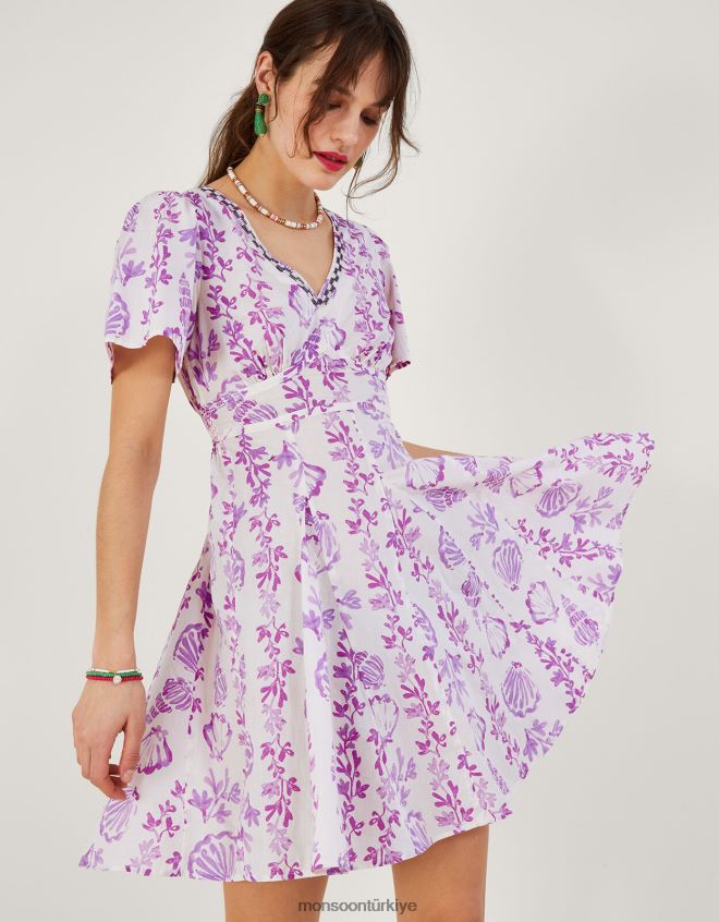 Monsoon kadınlar işlemeli deniz kabuğu desenli kısa elbise JH86BT55 Giyim pembe