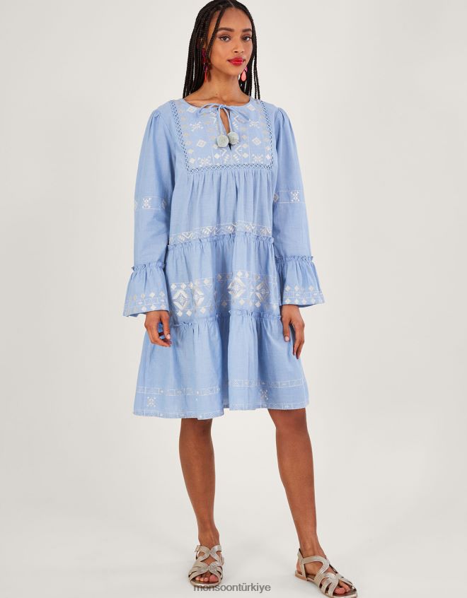 Monsoon kadınlar işlemeli katmanlı elbise JH86BT699 Giyim mavi