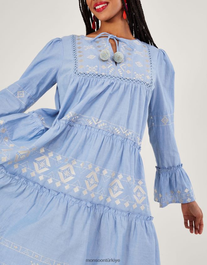 Monsoon kadınlar işlemeli katmanlı elbise JH86BT699 Giyim mavi