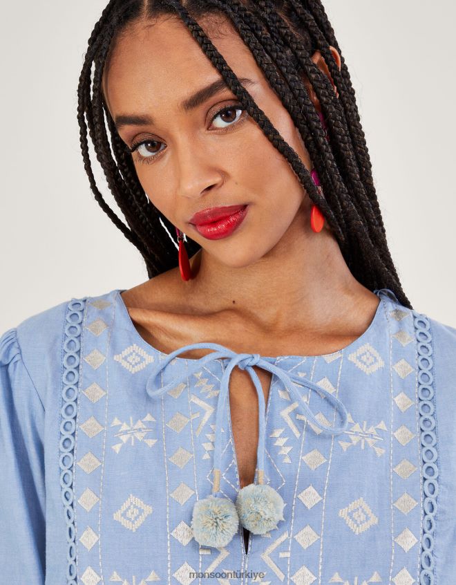 Monsoon kadınlar işlemeli katmanlı elbise JH86BT699 Giyim mavi