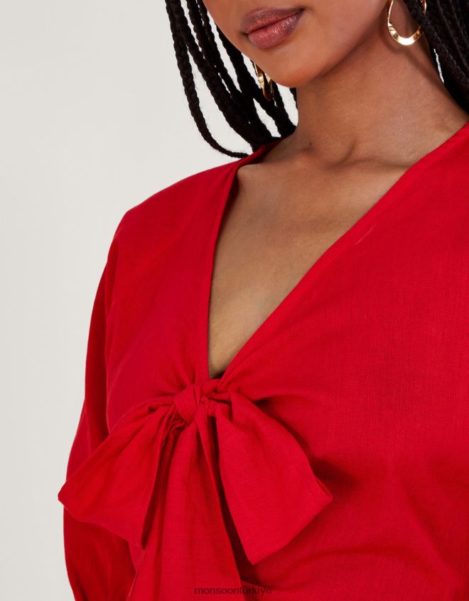 Monsoon kadınlar inez önü düz bağlamalı midi elbise JH86BT47 Giyim kırmızı