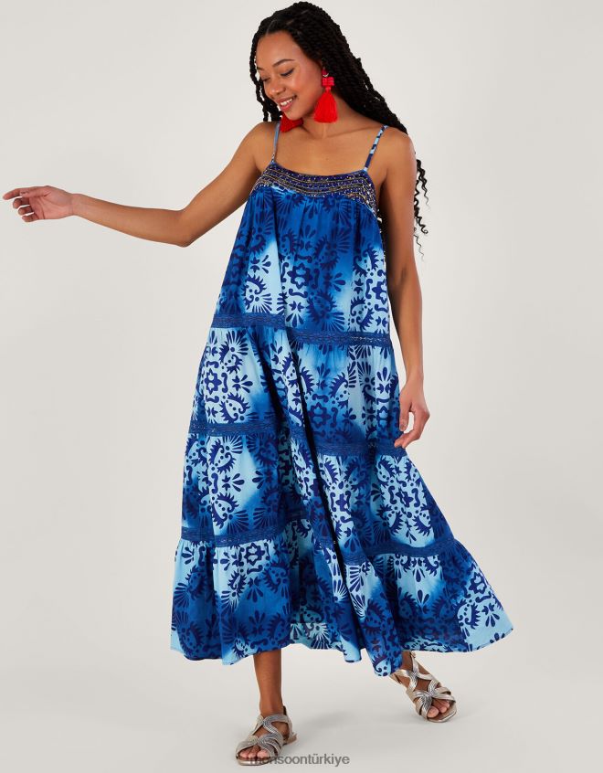Monsoon kadınlar kiremit batik desenli cami midi elbise JH86BT834 Giyim mavi