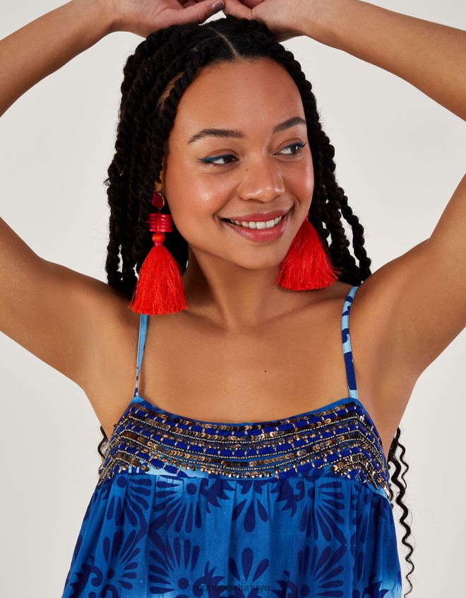 Monsoon kadınlar kiremit batik desenli cami midi elbise JH86BT834 Giyim mavi