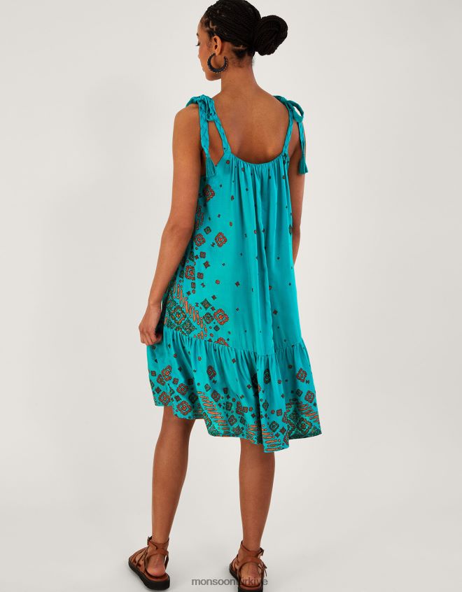 Monsoon kadınlar kiremit desenli fırfırlı elbise JH86BT646 Giyim mavi (turkuaz)
