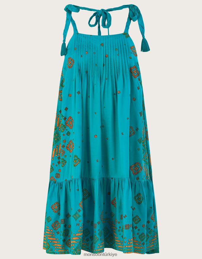 Monsoon kadınlar kiremit desenli fırfırlı elbise JH86BT646 Giyim mavi (turkuaz)