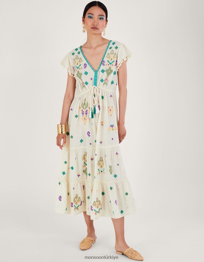 Monsoon kadınlar kol volanlı işlemeli maxi elbise JH86BT429 Giyim beyaz