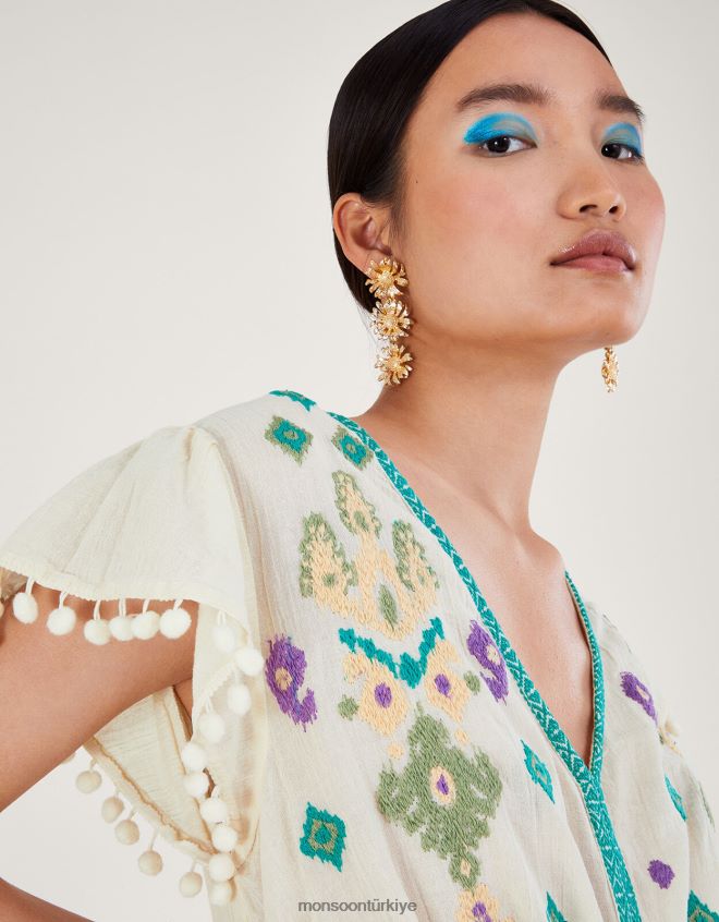 Monsoon kadınlar kol volanlı işlemeli maxi elbise JH86BT429 Giyim beyaz