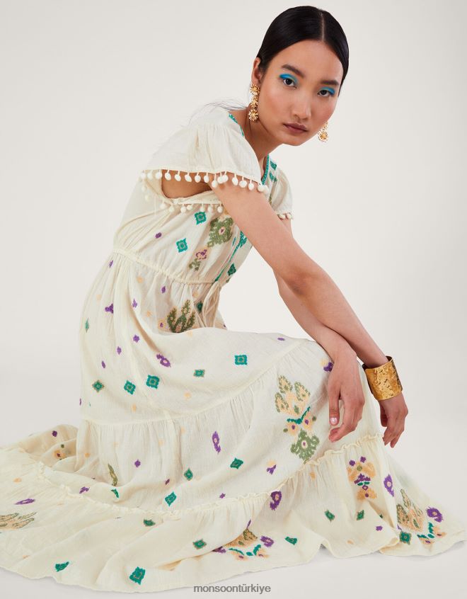 Monsoon kadınlar kol volanlı işlemeli maxi elbise JH86BT429 Giyim beyaz