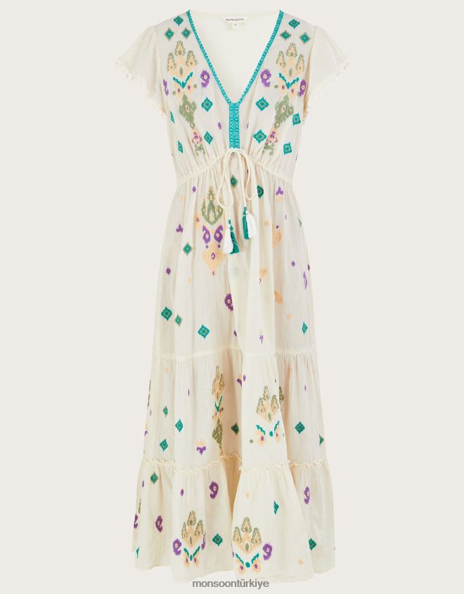 Monsoon kadınlar kol volanlı işlemeli maxi elbise JH86BT429 Giyim beyaz