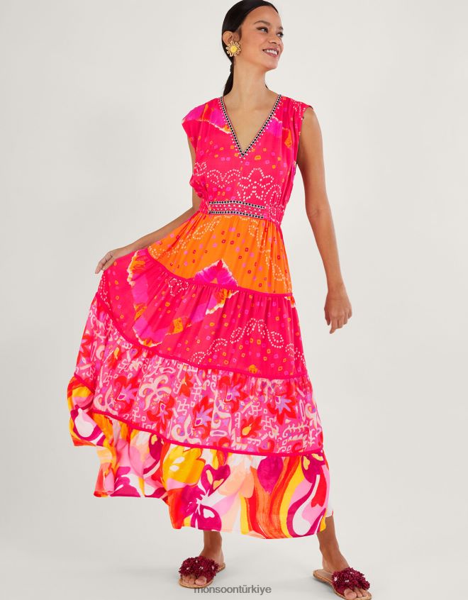 Monsoon kadınlar lenzing ecovero bandhani kontrast desenli midi elbise JH86BT779 Giyim kırmızı