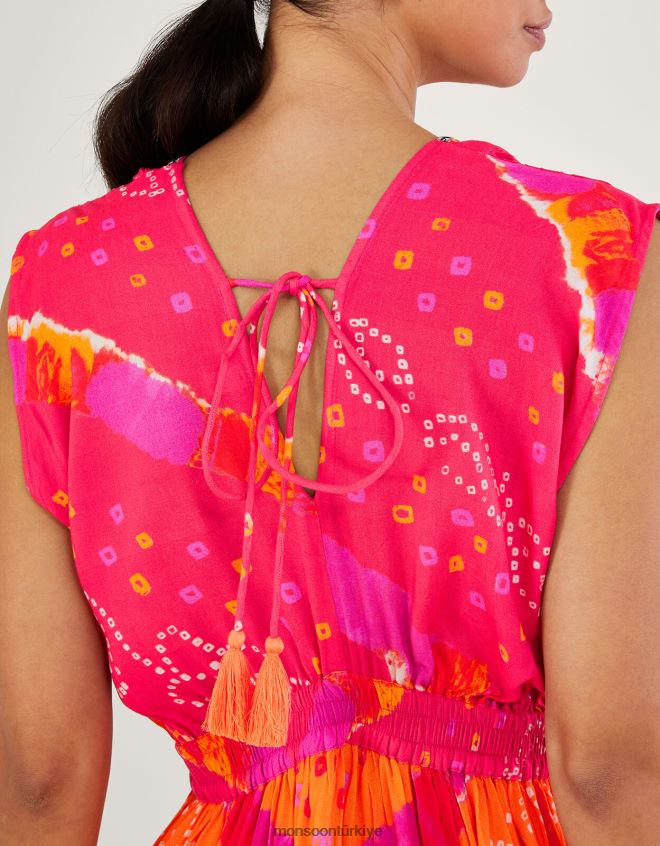 Monsoon kadınlar lenzing ecovero bandhani kontrast desenli midi elbise JH86BT779 Giyim kırmızı