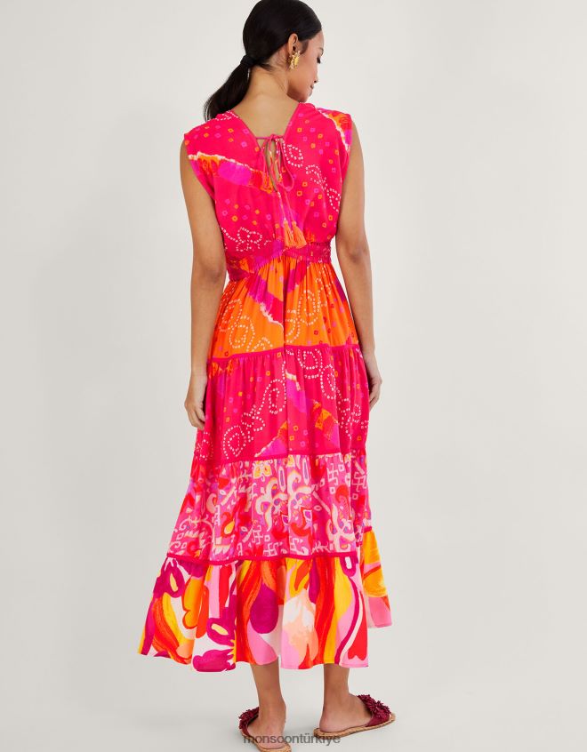 Monsoon kadınlar lenzing ecovero bandhani kontrast desenli midi elbise JH86BT779 Giyim kırmızı