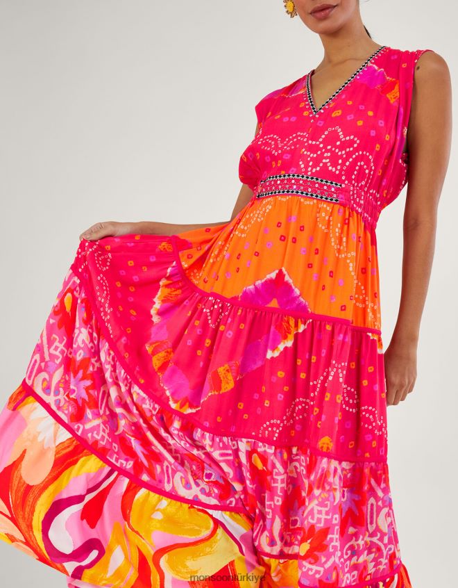 Monsoon kadınlar lenzing ecovero bandhani kontrast desenli midi elbise JH86BT779 Giyim kırmızı