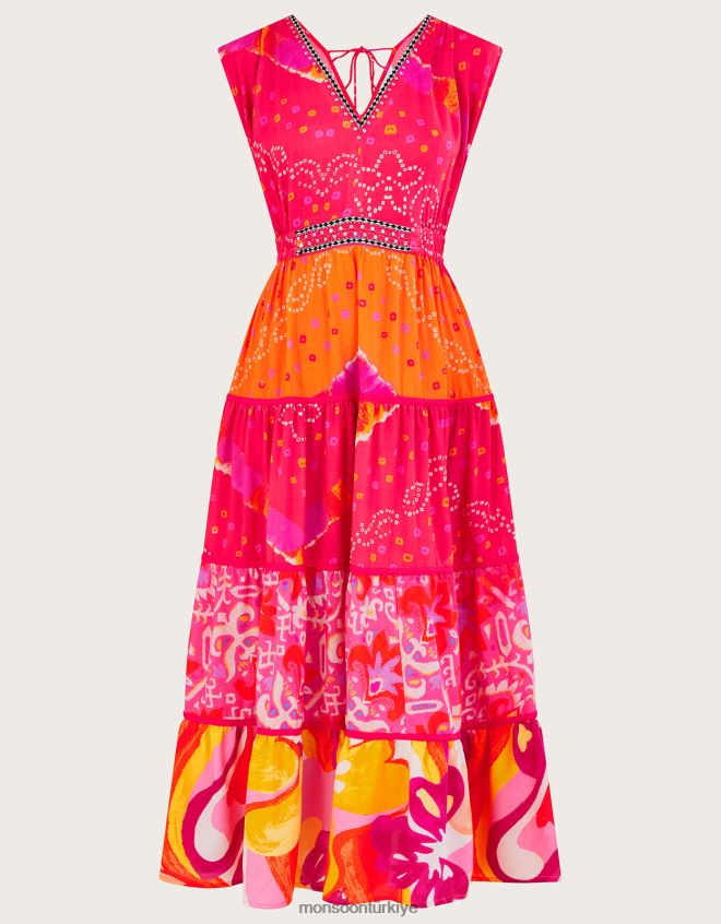 Monsoon kadınlar lenzing ecovero bandhani kontrast desenli midi elbise JH86BT779 Giyim kırmızı