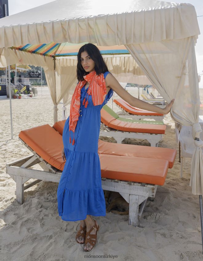 Monsoon kadınlar lenzing ecovero fırfır yakalı sade midi elbise JH86BT394 Giyim mavi (kobalt)