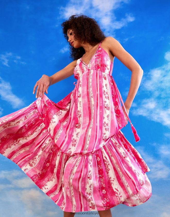 Monsoon kadınlar lenzing ecovero çok şeritli katlı cami elbise JH86BT1091 Giyim pembe