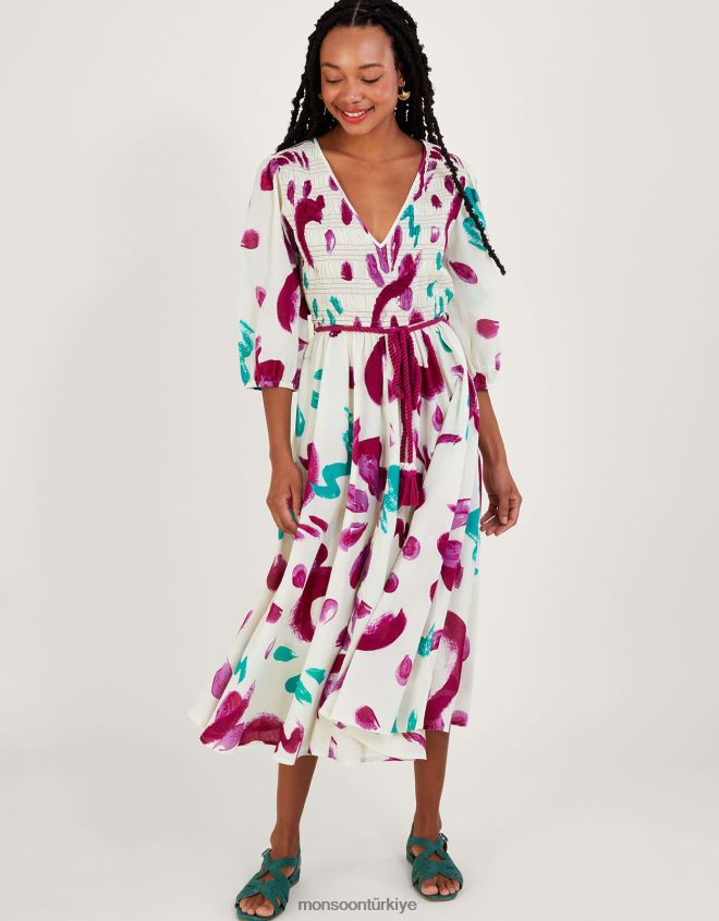 Monsoon kadınlar sürdürülebilir pamuktan soyut fırça darbesi desenli büzgülü midi elbise JH86BT824 Giyim fildişi