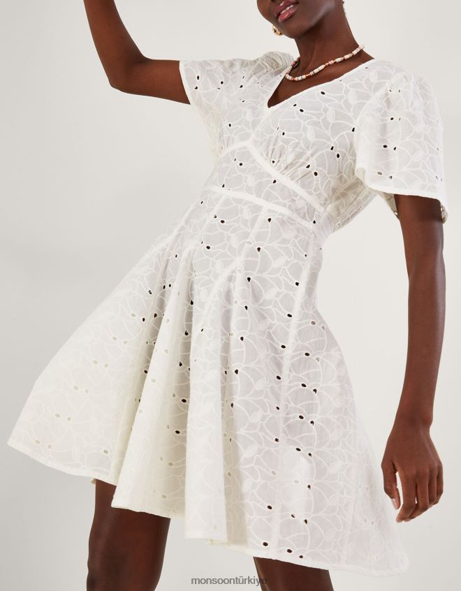 Monsoon kadınlar schiffli v yaka pilili kısa elbise JH86BT549 Giyim beyaz