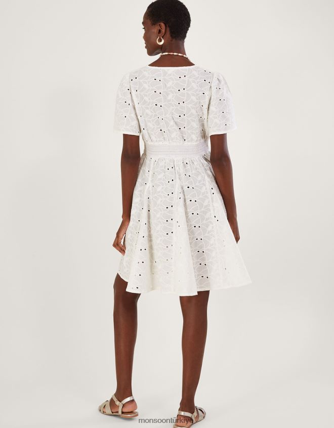 Monsoon kadınlar schiffli v yaka pilili kısa elbise JH86BT549 Giyim beyaz