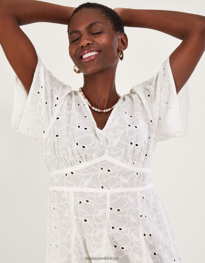 Monsoon kadınlar schiffli v yaka pilili kısa elbise JH86BT549 Giyim beyaz