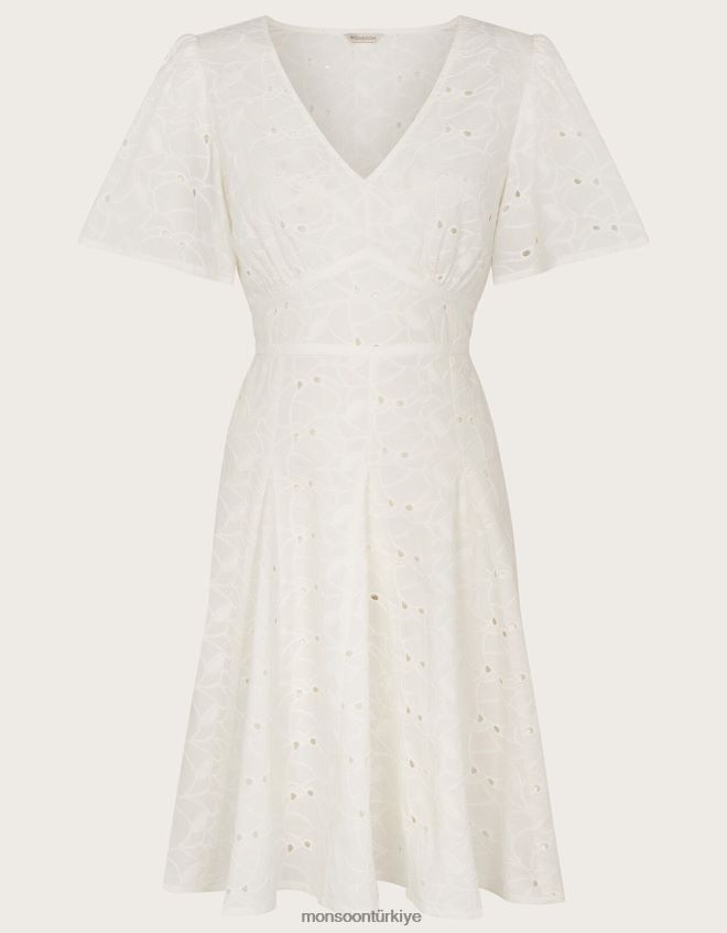 Monsoon kadınlar schiffli v yaka pilili kısa elbise JH86BT549 Giyim beyaz
