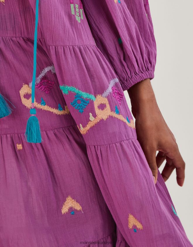 Monsoon kadınlar soyut geometrik desenli işlemeli midi elbise JH86BT882 Giyim menekşe