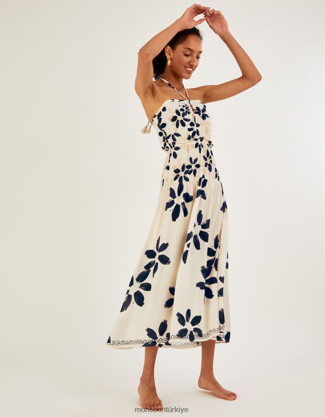 Monsoon kadınlar soyut çiçek desenli boyundan bağlamalı elbise JH86BT1098 Giyim fildişi